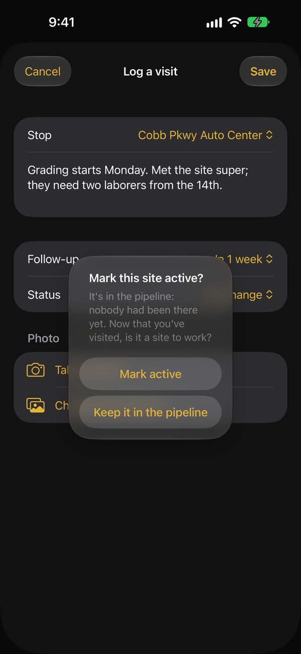 Pipeline question after a visit: Mark this site active or keep it in the pipeline