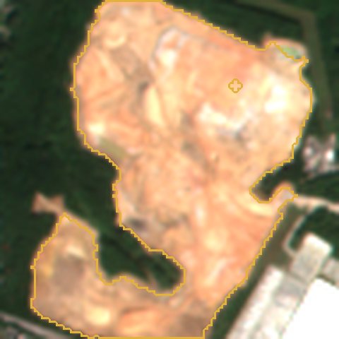 Satellite view in October 2026: 121 acres of bare red clay outlined in gold
