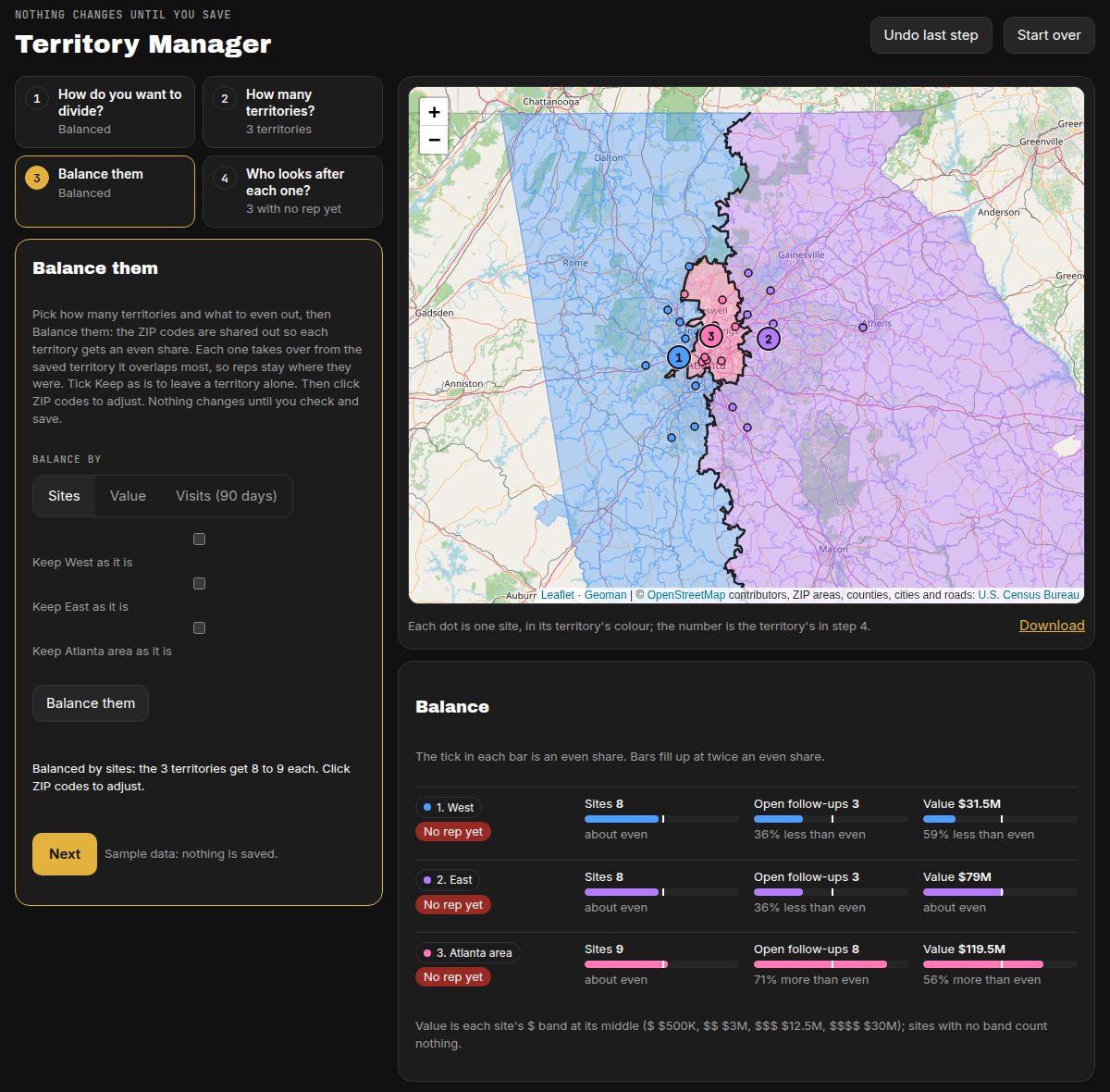 Territory Manager: the four steps with Balanced chosen, the map with three numbered territories balanced by sites, and the Balance card comparing their sites, follow-ups and value